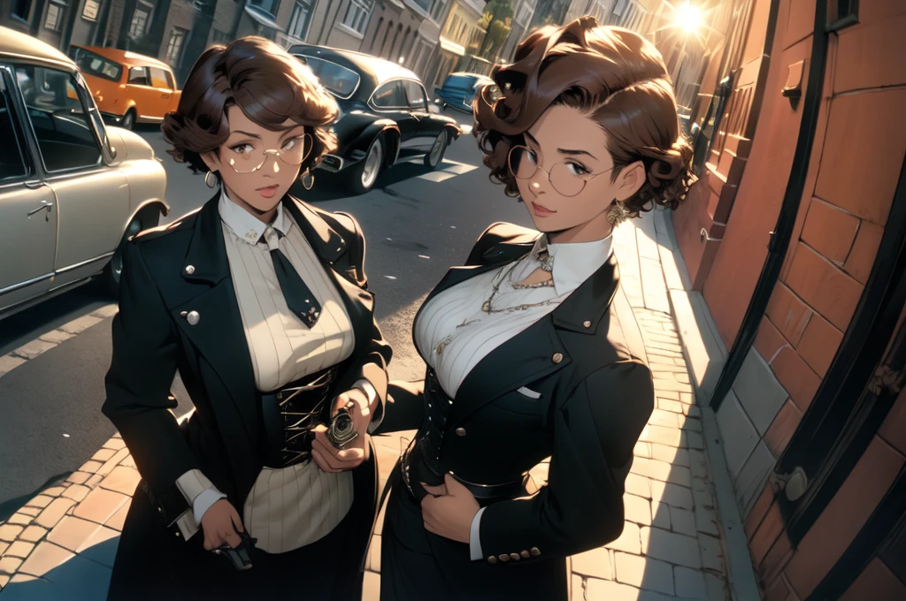 masterpiece,Highest quality,(1 person:1.3), Age 25,short hair,Colored hints,Curly Hair,Tinted Glasses,Earrings,gun,tie,topless,corset,Mafia Style,handcuffs,Wrap coat,street,From above,(Dutch Angle, Fisheye Lens),Lens flare,Depth of written boundary 