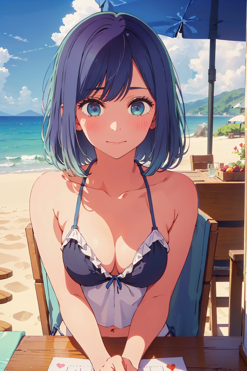 (Highest quality:1.4、masterpiece:1.4、Super detailed:1.4、8K:1.4)、((((1 person、Surprised expression、sit、Outdoor café terrace、coastal、juice、table、Sandy Beach、juiceのグラスを持つ、Plain Bikini、The depth of the written world、Very soft boobs、Big eyes、Very cute face))))、F cup bust、Medium breast