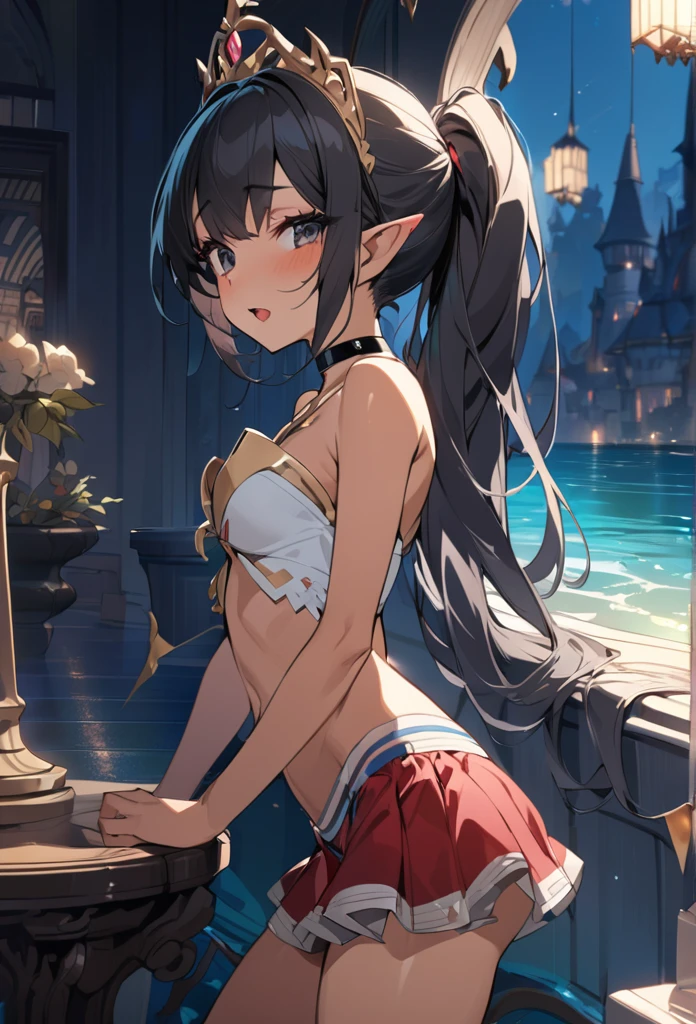(anime style),masterpiece, best quality, extremely detailed,shoot from side,16Years old,elf,tanned skin,Beautiful body,Cinderella bust,BREAK,multicolored colorful black hair,shaggy hair,long hair,long ponytails hair,BREAK,black eyes,black choker,sensual smile face,open mouth,detailed lips,BREAK,Tiara,ripped red bridal gown,micro skirt,break,head tilt,in the lake Castle Night,hands on breasts,