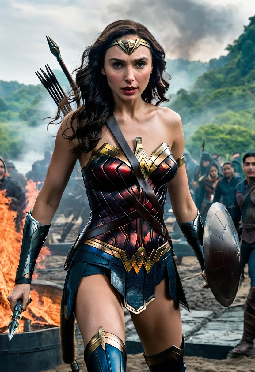 (((Extremely close-up GAL Gadot under the mantle of the Amazon warrior Wonder Woman Black Widow costume Wonder Woman diaema frontal images color images Splash Black Widow costume Wonder Woman diaema)))