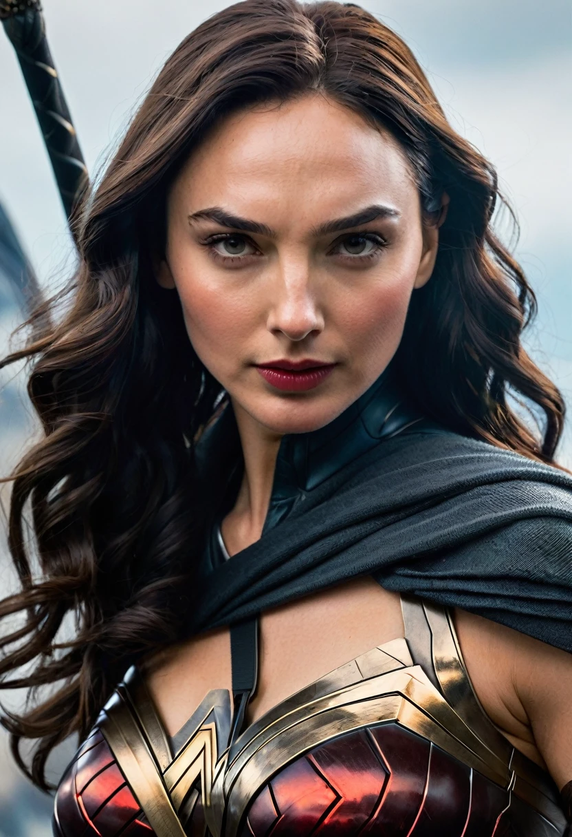 (((Extremely close-up GAL Gadot under the mantle of the Amazon warrior Wonder Woman Black Widow costume Wonder Woman diaema frontal images color images Splash Black Widow costume Wonder Woman diaema)))
