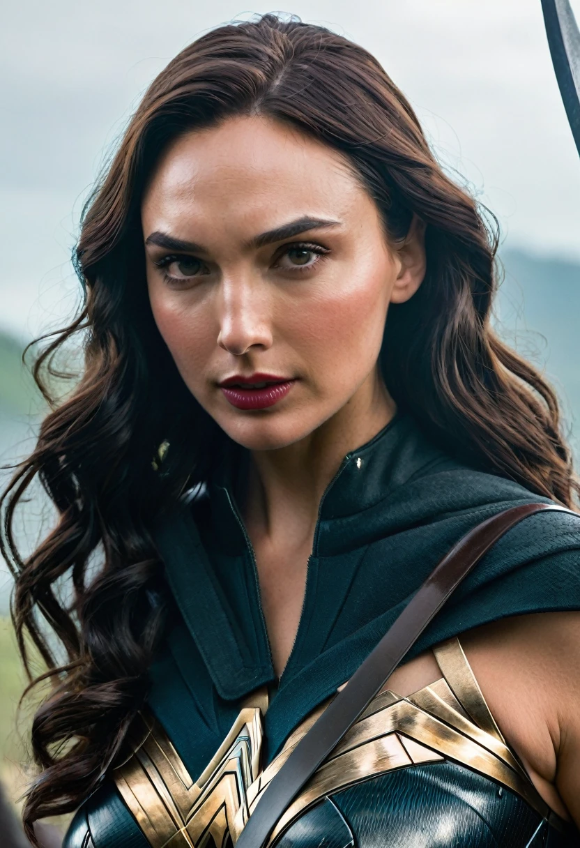 (((Extremely close-up GAL Gadot under the mantle of the Amazon warrior Wonder Woman Black Widow costume Wonder Woman diaema frontal images color images Splash Black Widow costume Wonder Woman diaema))) 