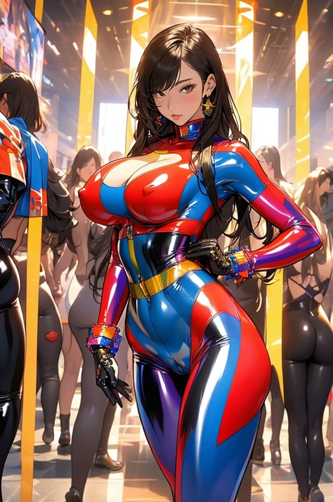 (Masterpiece, masterpiece, extremely detailed and precise).
On the battlefield。A lesbian women wearing tight full body latex suits. A colorful, glittering latex suit that tightens your body. Glittering latex shine. BDSM. Plump body. Her huge breasts and huge ass are emphasized. nsfw