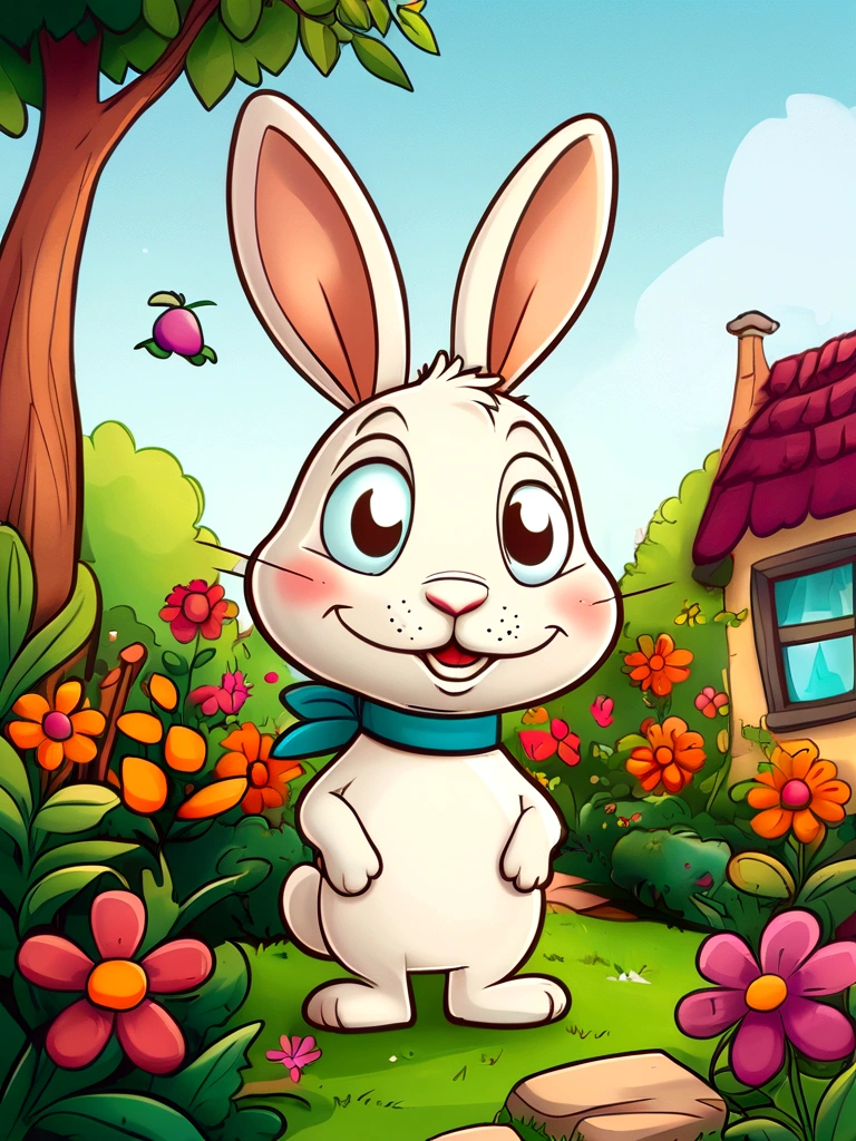 A cute bunny named Benny in a garden with vibrant flowers and trees