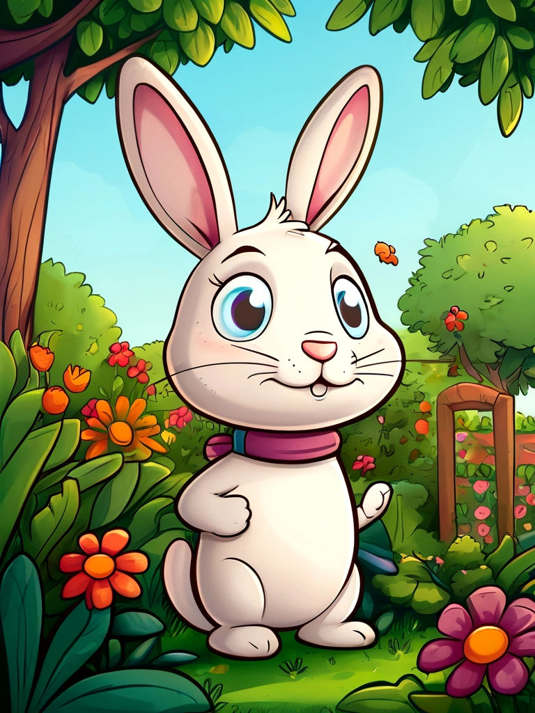 A cute bunny named Benny in a garden with vibrant flowers and trees