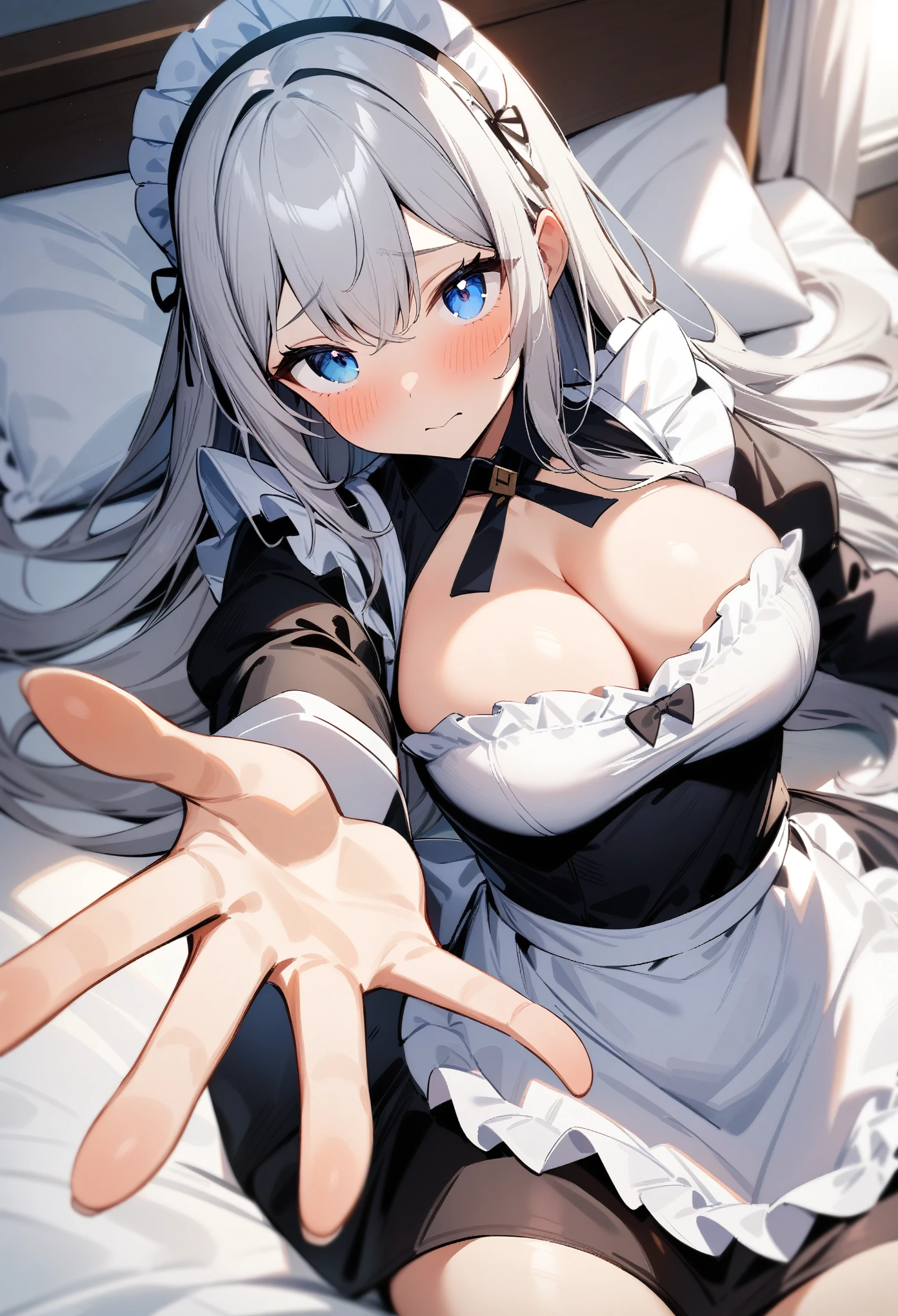 masterpiece, best quality, very aesthetic, absurdres, 1girl, maid, looking at viewer, long hair, straight hair, silver hair, tareme, blue eyes, large breasts, cleavage, maid headdress, lying, reaching towards viewer, embarrassed, on bed