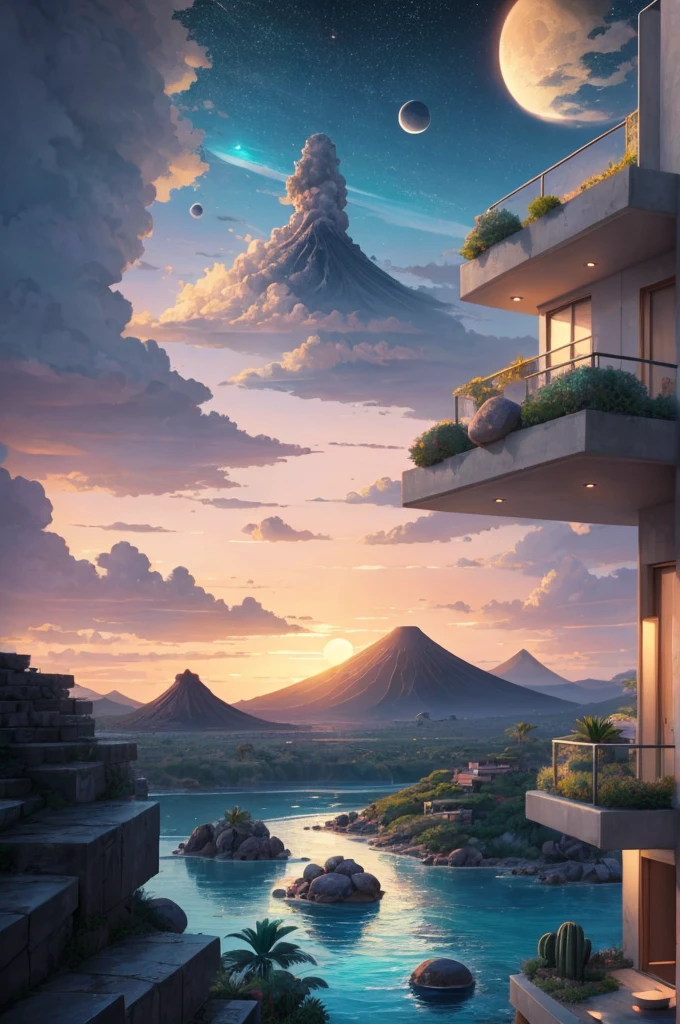 anime (best-quality:0.8), (best-quality:0.8), perfect anime illustration, we've been trying to reach you about your cars extended warranty, An illustration in collage style, with giant boulders, brutalist building sections, terraces, stairs, cacti, agave, concrete texture, multiple geometric shapes, hatch and cross hatching, planet saturn, volcano, moon, Luis Barragán's architectural style build, milky way galaxy, violet, one motorcycle, An illustration in collage style, with giant boulders, brutalist building sections, stairs, cacti, agave, concrete texture, multiple geometric shapes, hatch and cross hatching, planet saturn, volcano, moon, Luis Barragán's architectural style build, reflective pool, terraces. An elegant and modern build, in top of big boulders, with terraces, materials concrete, wood, steel and crystal, various gardens with tropical vegetation, cacti and rocks, stairs, a pool. In middle of sea, a big wave near, sunset, mountains and a volcano in the horizont, cute islands around, illustration format, cute color palette, detailed, masterpiece, award-winning work A 1999 Nissan GTR in Tron form r34 horizonte Lamborghini under a pink and purple sky, an anime drawing by Makoto Shinkai, trending on pixiv, magical realism, beautiful anime scene, cosmic skies. by makoto shinkai, ( ( makoto shinkai ) ), by makoto shinkai, anime background art, style of makoto shinkai