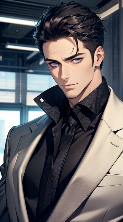 (best quality,4k,8k,highres,masterpiece:1.2),ultra-detailed,(realistic,photorealistic,photo-realistic:1.37),1 man,31 years old,mature man,very handsome,without expression,smile,short grey black hair,blue eyes,penetrating gaze,perfect face without errors,imposing posture,businessman,office background,cinematic lighting,hdr image
