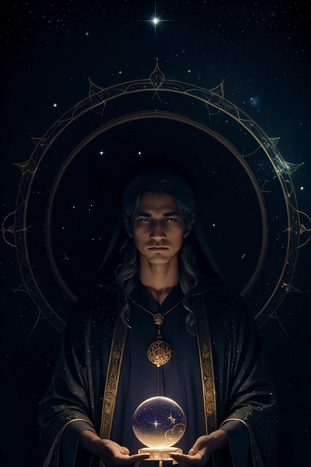 A mystical astrologer in a dark, starry room. They are surrounded by zodiac signs, holding a glowing crystal ball, wearing a long, flowing robe with celestial patterns. The astrologer has a serene expression and is bathed in moonlight