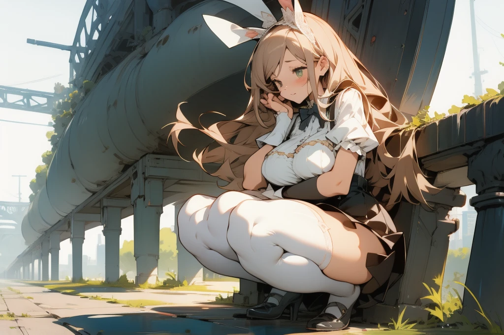 White knee-length stockings，Lace suspenders，Bunny girl，Big Breasts，squat，