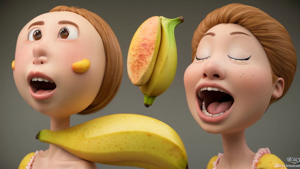 A hyper-detailed 3D render of an anthropomorphic banana with the facial features and limbs of a cartoon character, with the skin at the bottom end peeled revealing the inside of the bottom end banana white confidently laugh, in a dramatic and expressive style, with a V-Ray rendering. add a large peach with a slit in it standing with the banana. the peach has a wore out look on it's female cartoon facial features. the peach has banana pudding on it's face eating pudding.