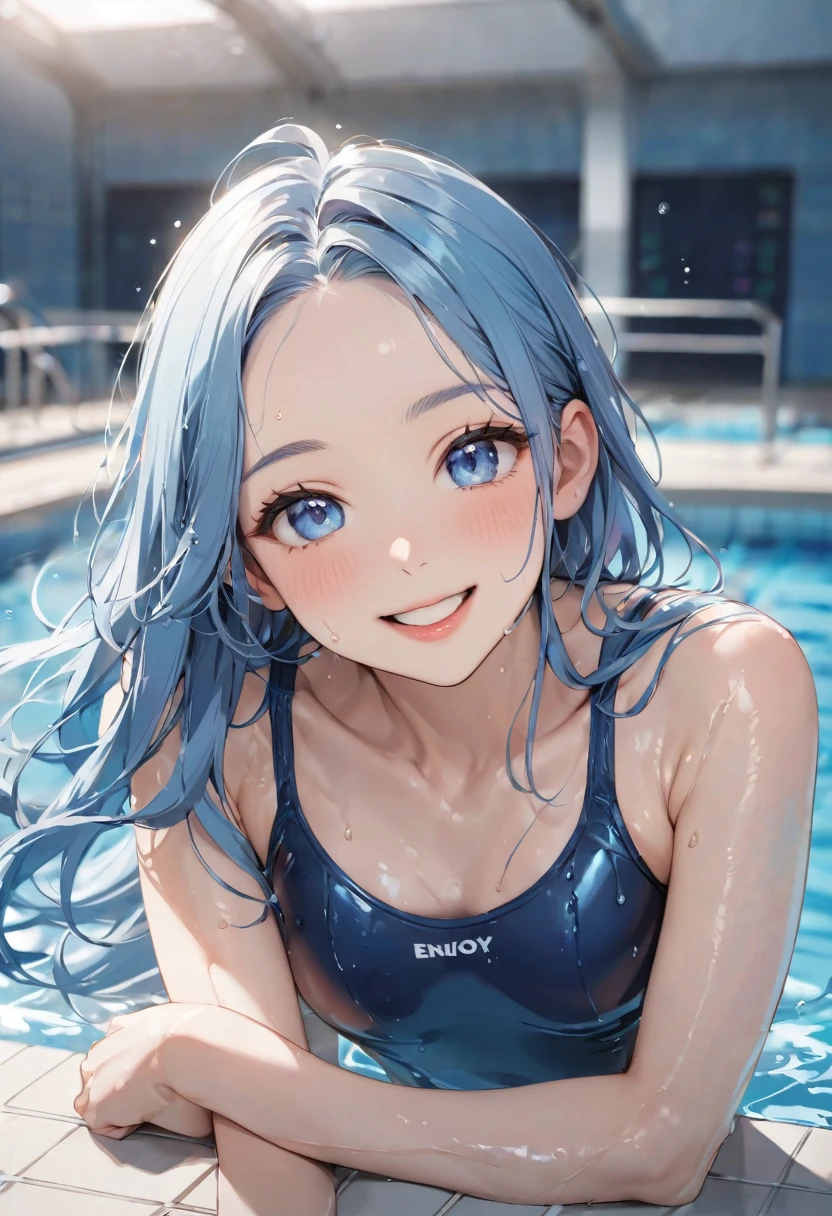 (Swimming Style, ), (Wet Skin, solo:2, 15 yo forehead blue hair long hair cute girl, lovely blue eyes, cute open mouth, glossy lips, enjoy smile), in a One piece swimsuit, break, in the School swimming pool, BREAK, perfect anatomy, masterpiece, best quality, 16k, beautiful detailed grow, daydreaming expression.