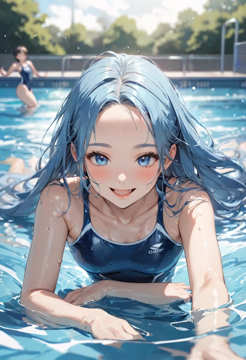 (Swimming Style, ), (Wet Skin, solo:2, 15 yo forehead blue hair long hair cute girl, lovely blue eyes, cute open mouth, glossy lips, enjoy smile), in a One piece swimsuit, break, in the School swimming pool, BREAK, perfect anatomy, masterpiece, best quality, 16k, beautiful detailed grow, daydreaming expression.