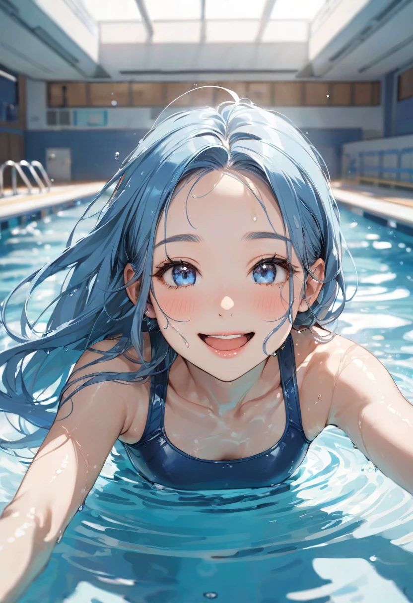 (Swimming Style, ), (Wet Skin, solo:2, 15 yo forehead blue hair long hair cute girl, lovely blue eyes, cute open mouth, glossy lips, enjoy smile), in a One piece swimsuit, break, in the School swimming pool, BREAK, perfect anatomy, masterpiece, best quality, 16k, beautiful detailed grow, daydreaming expression.