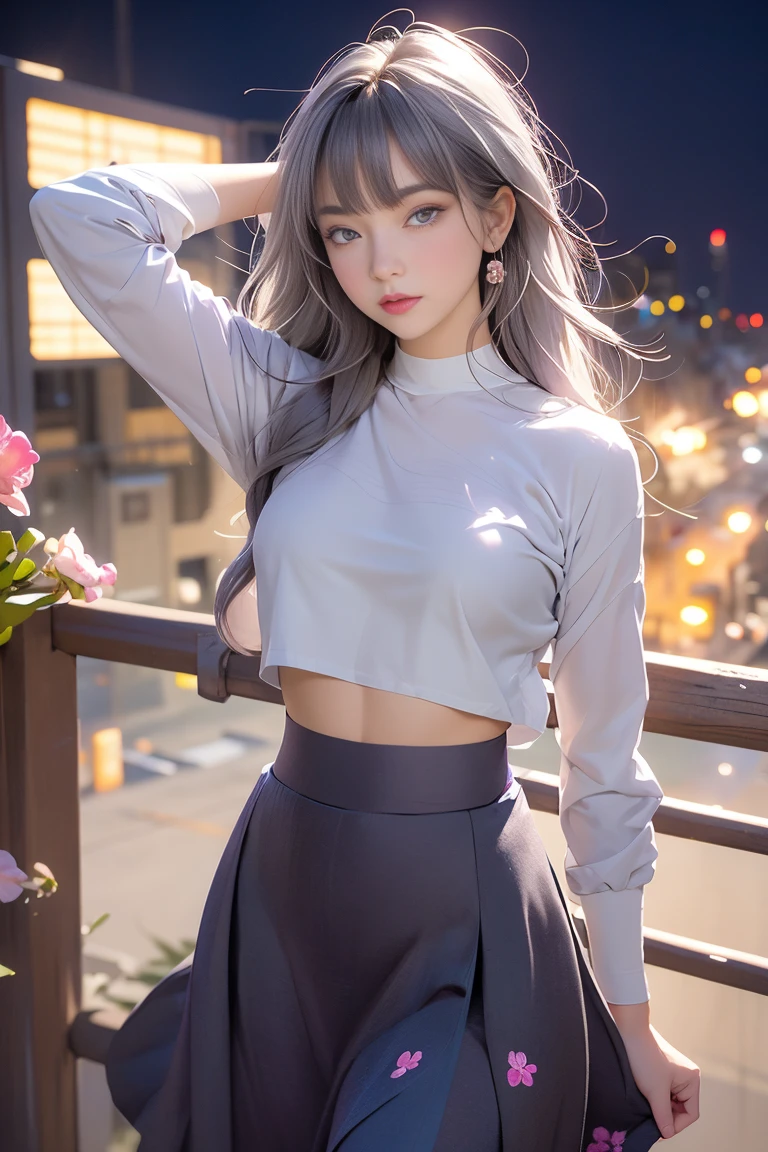 Realistic, One girl,Gray Hair, bangs,Purple eyes, Glowing Eyes, Crop top, skirt, Part your lips, blush, night, Flowers,