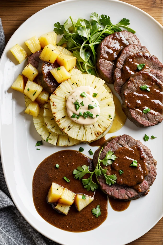 A plate with beef medallions and pineapple sauce