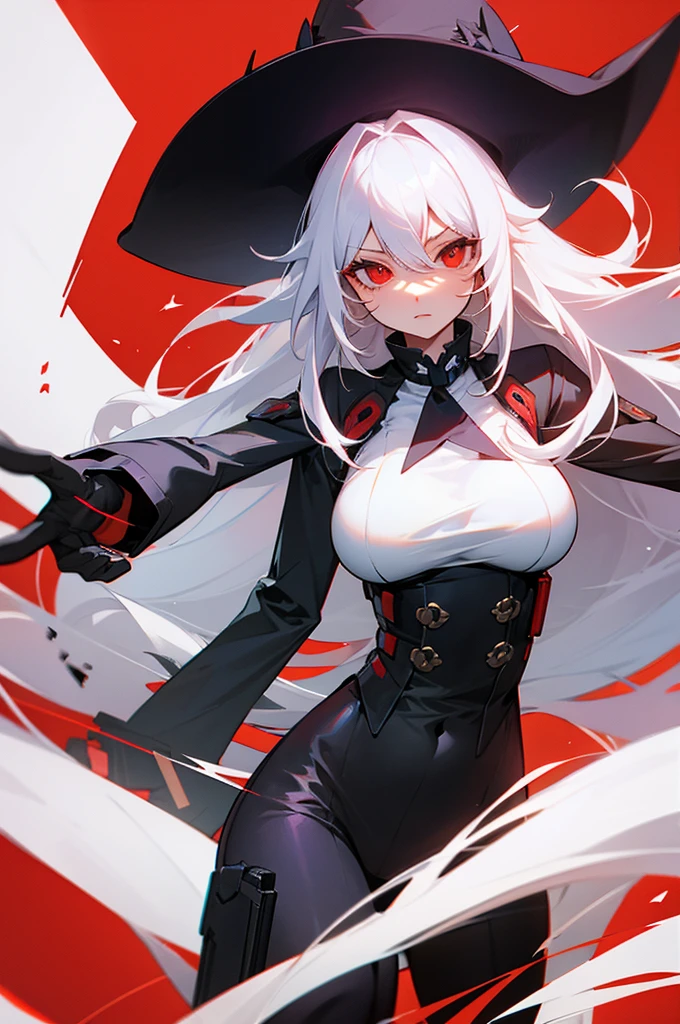 Woman pistol long white hair red eyes big breast