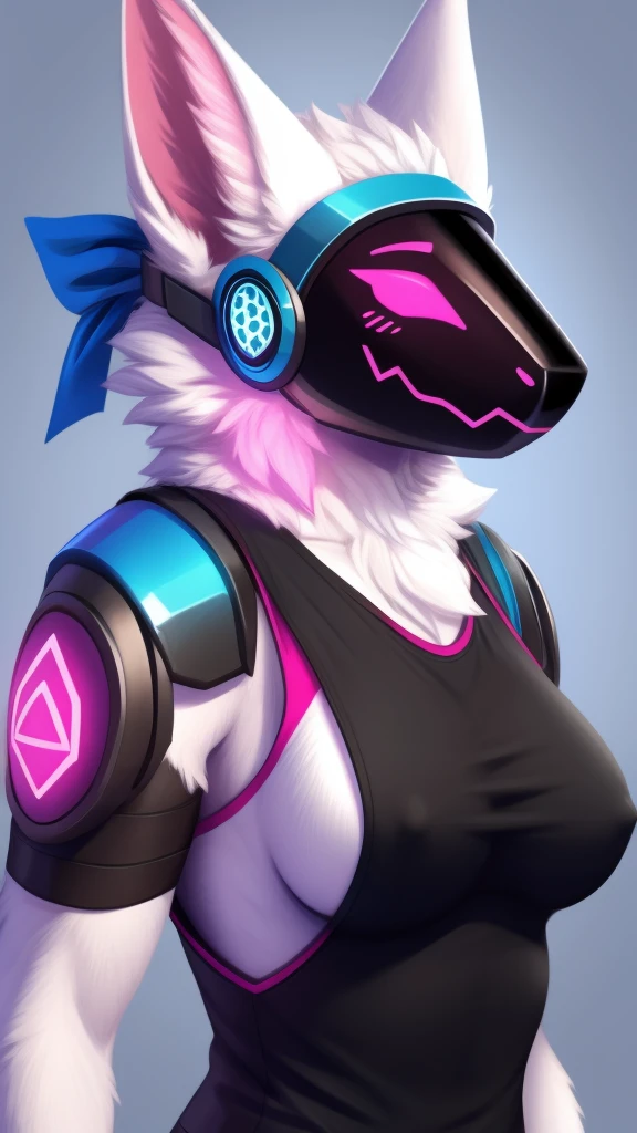 Furry protogen female anthropomorphic white fur pink eyes blue ears wearing a black tank top medium breast size profile picture