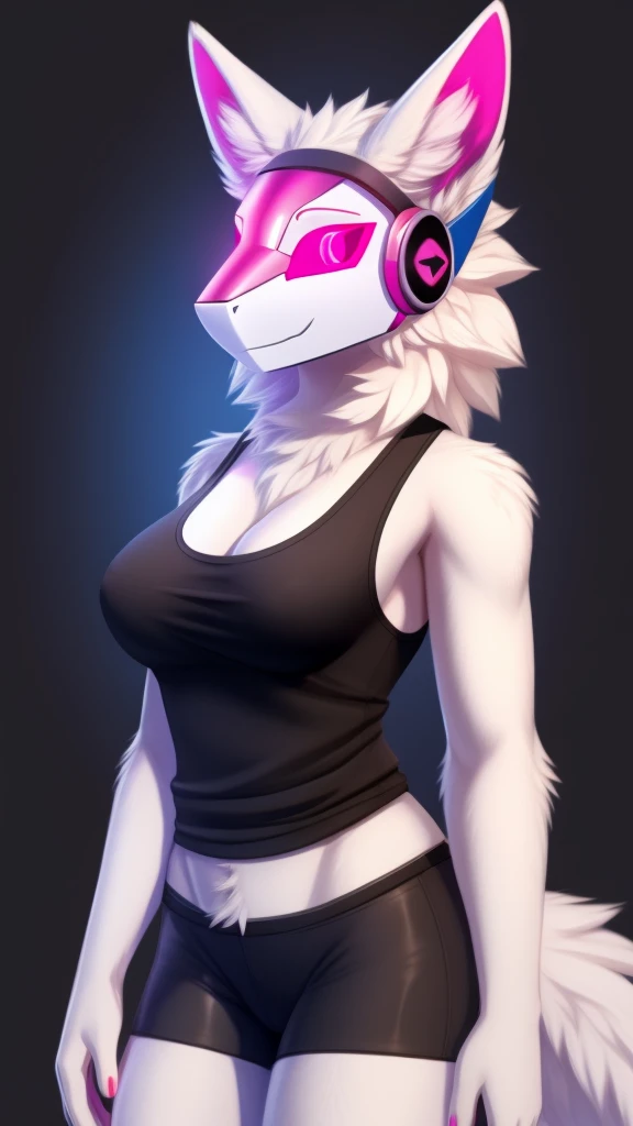 Furry protogen female anthropomorphic white fur pink eyes blue ears wearing a black tank top medium  size profile picture 