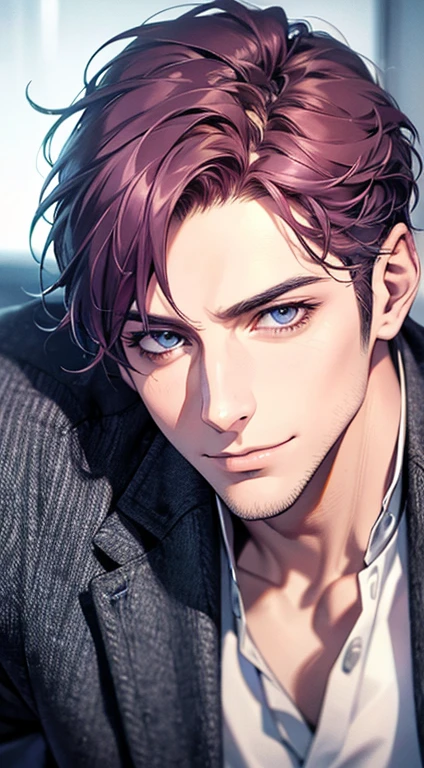 (best quality,4k,8k,highres,masterpiece:1.2),ultra-detailed,(realistic,photorealistic,photo-realistic:1.37),1 man,31 years old,mature man,very handsome,without expression,smile,short purple hair,blue eyes,penetrating gaze,perfect face without errors,imposing posture,businessman,office background,cinematic lighting,hdr image