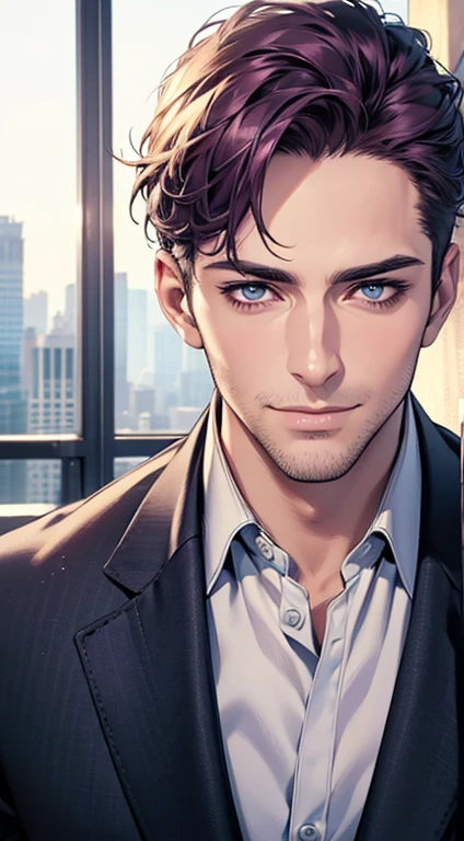 (best quality,4k,8k,highres,masterpiece:1.2),ultra-detailed,(realistic,photorealistic,photo-realistic:1.37),1 man,31 years old,mature man,very handsome,without expression,smile,short purple hair,blue eyes,penetrating gaze,perfect face without errors,imposing posture,businessman,office background,cinematic lighting,hdr image