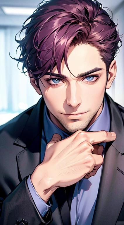 (best quality,4k,8k,highres,masterpiece:1.2),ultra-detailed,(realistic,photorealistic,photo-realistic:1.37),1 man,31 years old,mature man,very handsome,without expression,smile,short purple hair,blue eyes,penetrating gaze,perfect face without errors,imposing posture,businessman,office background,cinematic lighting,hdr image