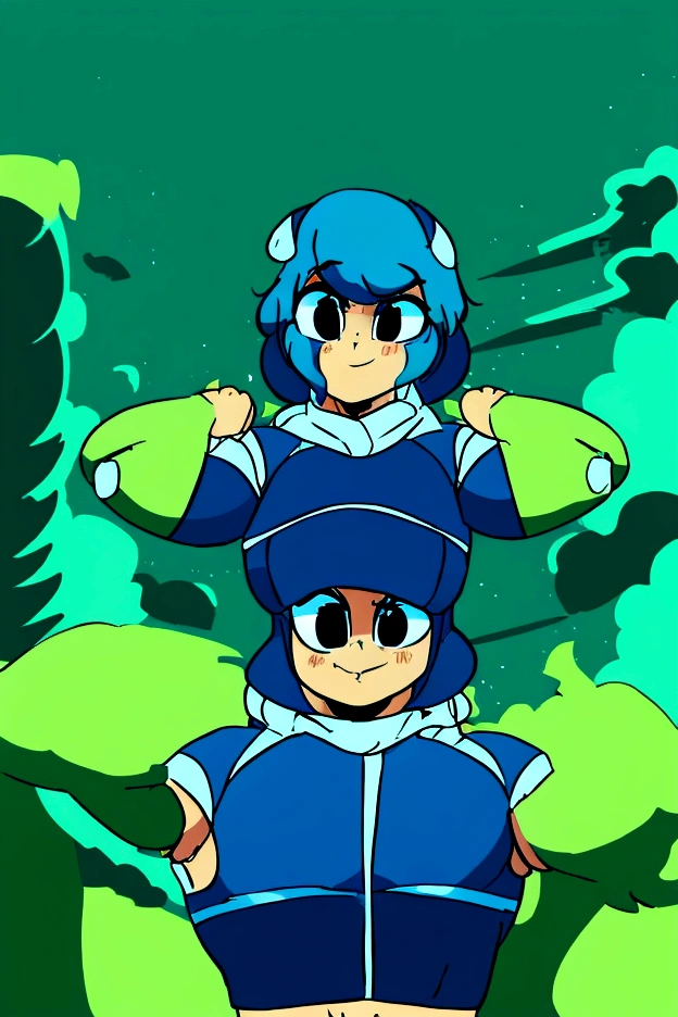 score_9, score_8_up, score_7_up, solo, 1girl, cute, blue hair, exposed midriff, mechanical joints, happy, outdoors, park, dynamic pose, cowboy shot, dynamic angle, looking at viewer, black eyes, by fizintine, crop top hoodie, panties, very chubby