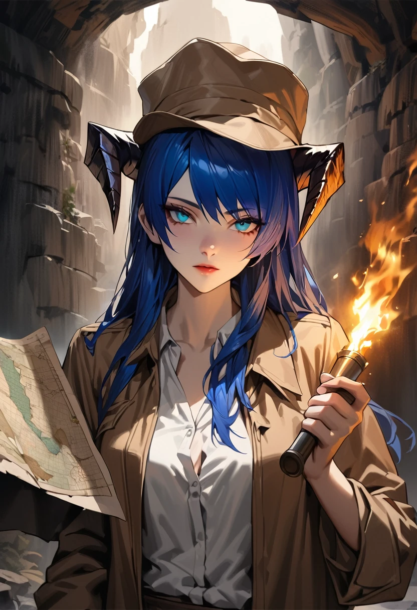 ((adult)), (woman), ((tall)), ((Mostima from arknights)) , masterpiece, best quality, ((Bluer hair long)), horns, plain white shirt, brown coat, holding a map and a torch, indiana jones outfit, hat, realistic anime style, inside of a dark catacomb, portrait.
