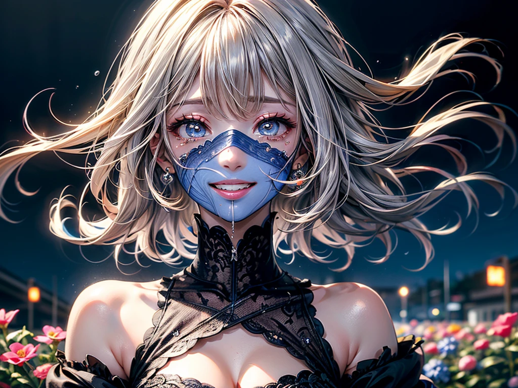 (masterpiece),(Highest quality:1.2),(Perfect Anatomy),(1 Girl),Beautiful and delicate,Silver Hair,((Latest Trends in Clothing)),Street fashion,Colorful oversized clothing,Cute costumes,(Highly detailed elegant), Detailed skin,Add a dramatic and symbolic element to your scene, Silky to the touch,It has a mysterious and enchanting atmosphere.,Through delicate lines and vibrant colors,Her beauty is more vivid,Captivating smile,Clear blue sky,Flower Field,Sunshine,Tears flowing from one eye,A big smile,Smiling face,Mouth showing white teeth,Crying eyes closed,Hair blowing in the wind,short hair,Beautiful Eyes,childish face