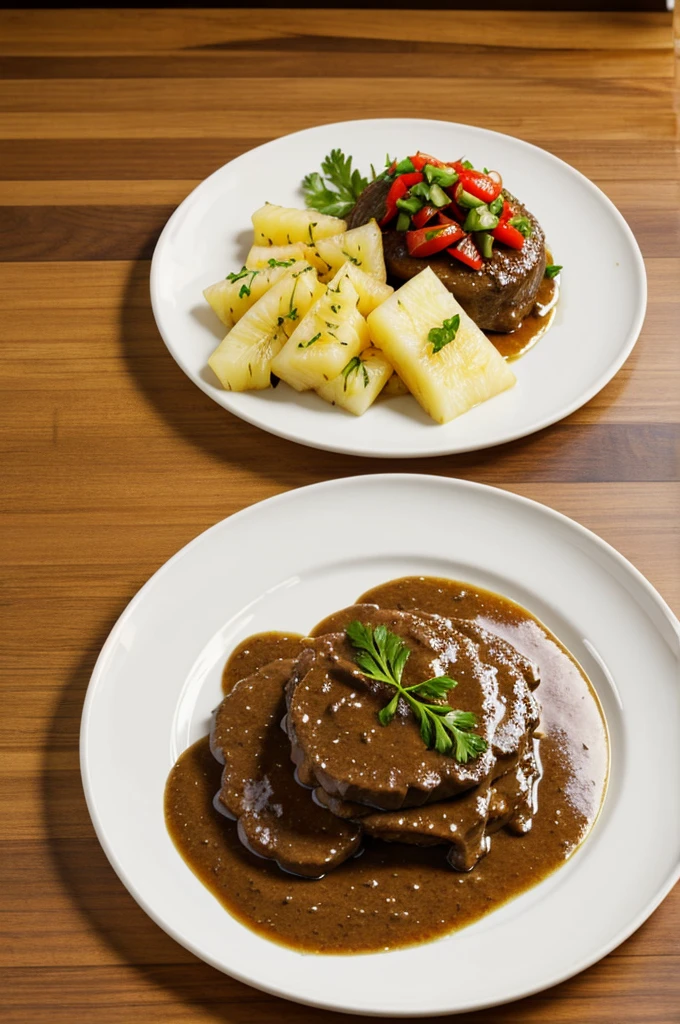 A plate with beef medallion and pineapple sauce 