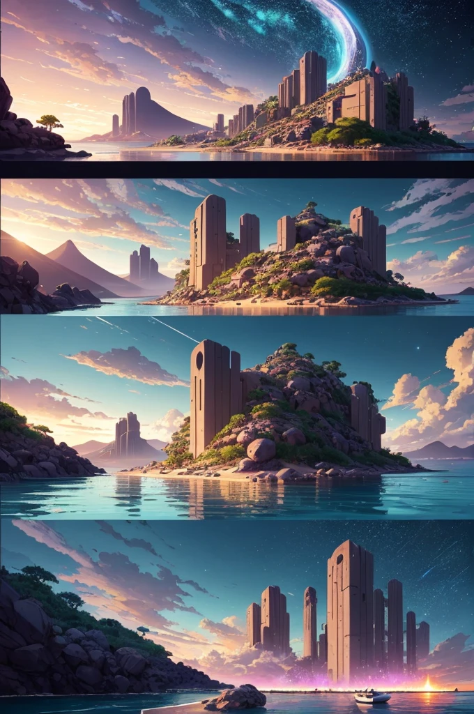 anime (best-quality:0.8), (best-quality:0.8), perfect anime illustration, we've been trying to reach you about your cars extended warranty, An illustration in collage style, with giant boulders, brutalist building sections, terraces, stairs, cacti, agave, concrete texture, multiple geometric shapes, hatch and cross hatching, planet saturn, volcano, moon, Luis Barragán's architectural style build, milky way galaxy, violet, one motorcycle, An illustration in collage style, with giant boulders, brutalist building sections, stairs, cacti, agave, concrete texture, multiple geometric shapes, hatch and cross hatching, planet saturn, volcano, moon, Luis Barragán's architectural style build, reflective pool, terraces. An elegant and modern build, in top of big boulders, with terraces, materials concrete, wood, steel and crystal, various gardens with tropical vegetation, cacti and rocks, stairs, a pool. In middle of sea, a big wave near, sunset, mountains and a volcano in the horizont, cute islands around, illustration format, cute color palette, detailed, masterpiece, award-winning work A 1999 Nissan GTR in Tron form r34 horizonte Lamborghini under a pink and purple sky, an anime drawing by Makoto Shinkai, trending on pixiv, magical realism, beautiful anime scene, cosmic skies. by makoto shinkai, ( ( makoto shinkai ) ), by makoto shinkai, anime background art, style of makoto shinkai