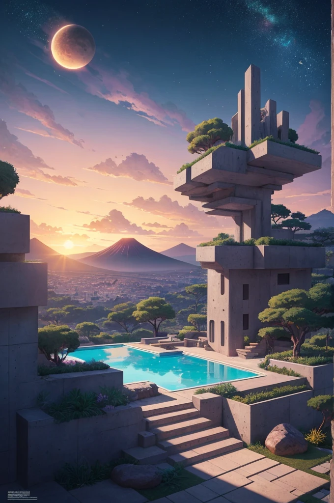 anime (best-quality:0.8), (best-quality:0.8), perfect anime illustration, we've been trying to reach you about your cars extended warranty, An illustration in collage style, with giant boulders, brutalist building sections, terraces, stairs, cacti, agave, concrete texture, multiple geometric shapes, hatch and cross hatching, planet saturn, volcano, moon, Luis Barragán's architectural style build, milky way galaxy, violet, one motorcycle, An illustration in collage style, with giant boulders, brutalist building sections, stairs, cacti, agave, concrete texture, multiple geometric shapes, hatch and cross hatching, planet saturn, volcano, moon, Luis Barragán's architectural style build, reflective pool, terraces. An elegant and modern build, in top of big boulders, with terraces, materials concrete, wood, steel and crystal, various gardens with tropical vegetation, cacti and rocks, stairs, a pool. In middle of sea, a big wave near, sunset, mountains and a volcano in the horizont, cute islands around, illustration format, cute color palette, detailed, masterpiece, award-winning work A 1999 Nissan GTR in Tron form r34 horizonte Lamborghini under a pink and purple sky, an anime drawing by Makoto Shinkai, trending on pixiv, magical realism, beautiful anime scene, cosmic skies. by makoto shinkai, ( ( makoto shinkai ) ), by makoto shinkai, anime background art, style of makoto shinkai