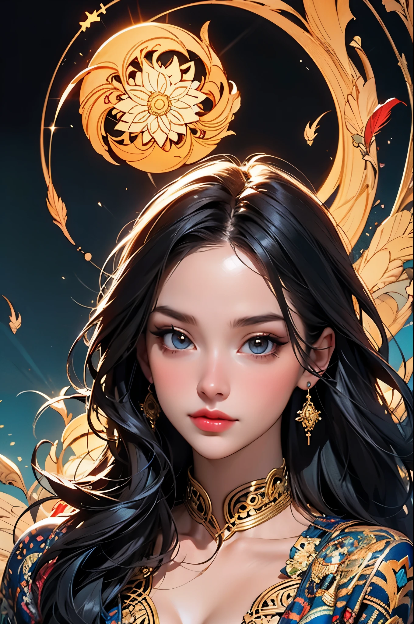 official art, unified 8k wallpaper, Super detailed, fair Beauty, fair, masterpiece, best quality, (Zentangle, mandala, Tangled, twist), (ecstasy flower: 1.2) Dynamic angle, The Most fair Chaotic Forms, grace, brutalist design, bright colors, , atmosphere, Golden Crow, sun god, feather, fire, water, frost, crystals