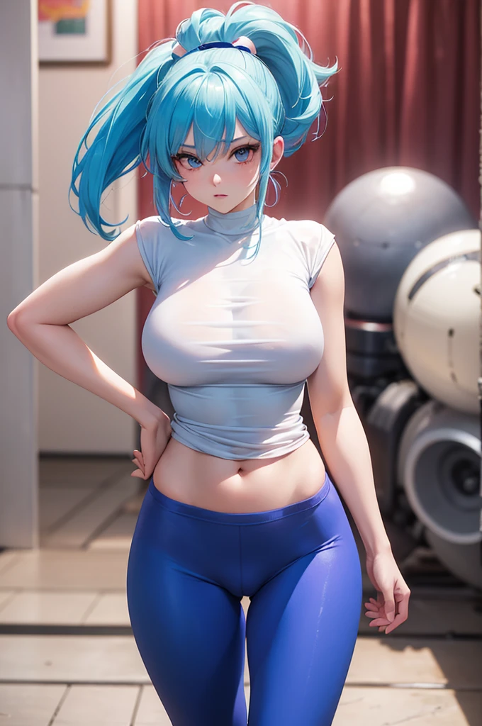 BULMA, whole body, very large and round breasts (neckline) translucent t-shirt, thin waist (very skinny), wide legs, pink leggings, Wide hips, flirt with the viewer, light blue hair light blue eyes, wide, Tall muscular man, naked torso, tattoos, short leggings (soft) Big bulge in crotch.
