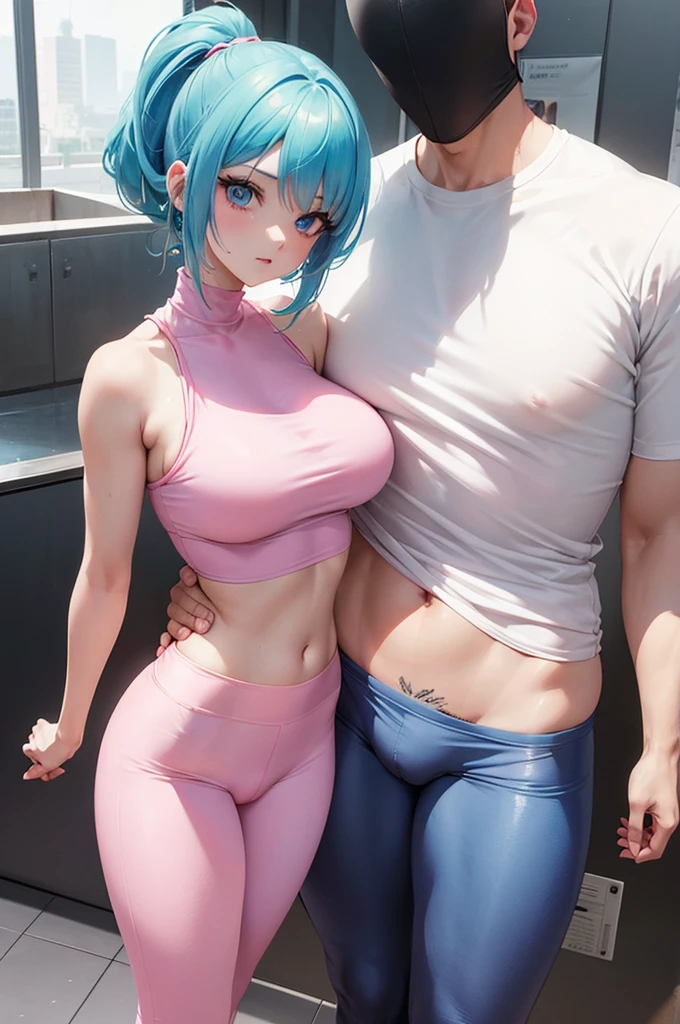 BULMA, whole body, very large and round breasts (neckline) translucent t-shirt, thin waist (very skinny), wide legs, pink leggings, Wide hips, flirt with the viewer, light blue hair light blue eyes, wide, Tall muscular man, naked torso, tattoos, short leggings (soft) Big bulge in crotch.