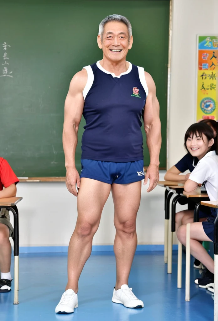 63-year-old Japanese male,Length 180cm,Weight 85kg,A little muscular,Former rugby player,Dignified,Wild look,smile,Short Hair,I wore shorts,Shoulders and arms are clearly visible,Neck and chest are clearly visible,Background is an elementary school classroom,Amazing Students
