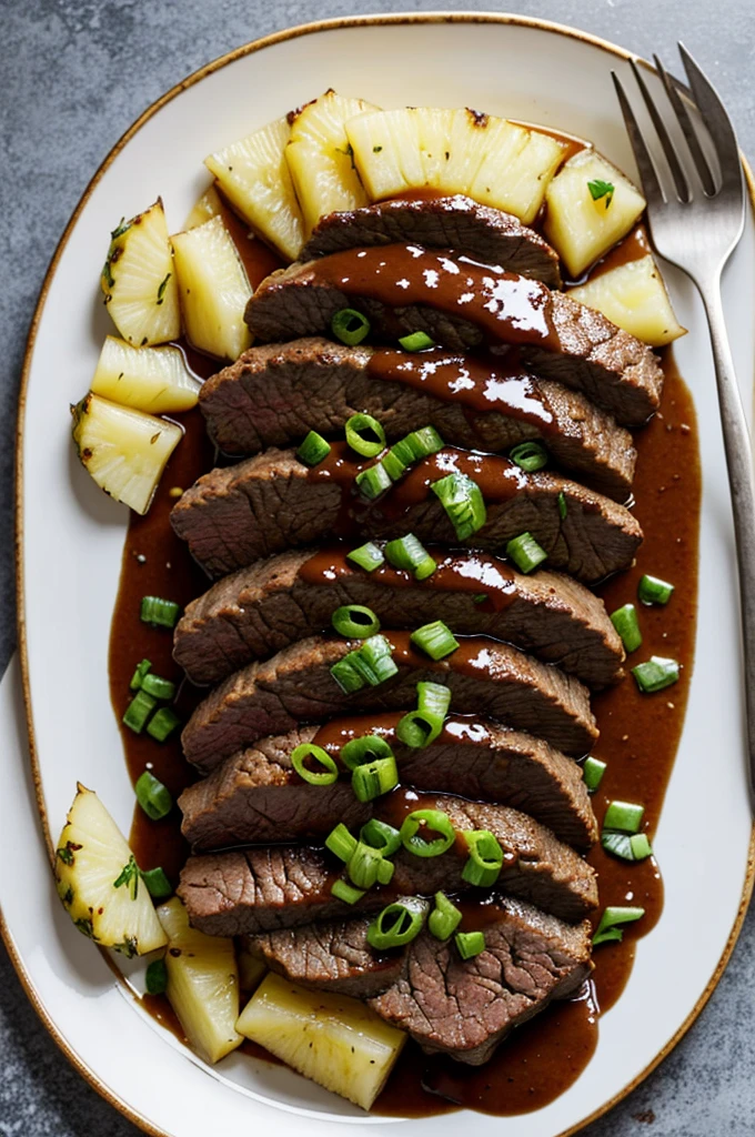 A plate with beef medallion and pineapple sauce 