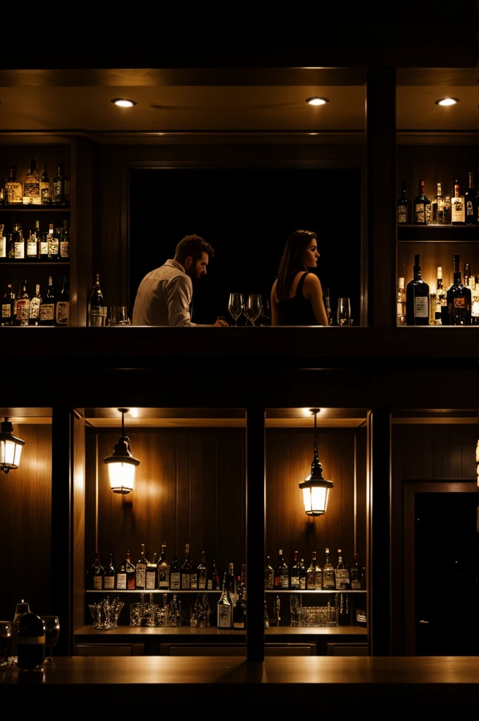 Create a photo of a dark bar with several people inside