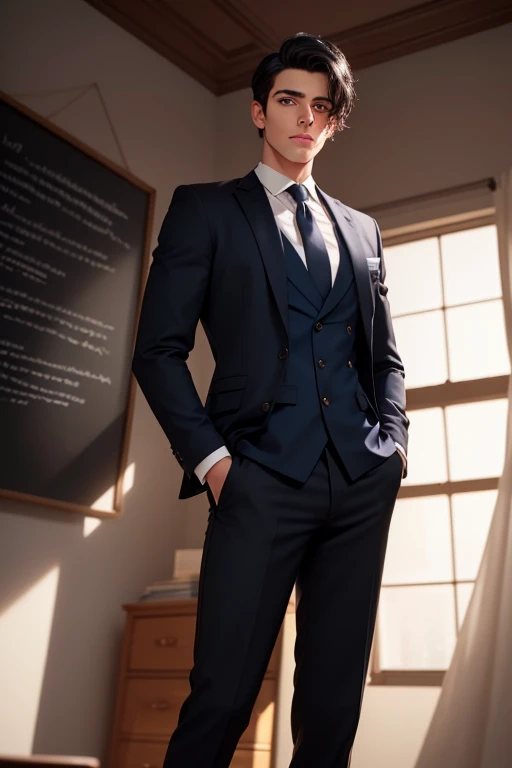 a handsome young man with very short black hair, beautiful detailed eyes, extremely detailed eyes and face, longeyelashes, wearing a blue blazer style uniform with tie and black long pants adjusted to his size, black shoes, standing in the anatomy club room, looking at the viewer with an arrogant, athletic and handsome expression, standing imposingly, good-looking villain style, surrounded by drawings of the human body on the blackboard, replica of a human bust on the table, (best quality,4k,8k,highres,masterpiece:1.2),ultra-detailed,(realistic,photorealistic,photo-realistic:1.37),HDR,UHD,studio lighting,ultra-fine painting,sharp focus,physically-based rendering,extreme detail description,professional,vivid colors,bokeh,portraits,photography,warm colors,dramatic lighting