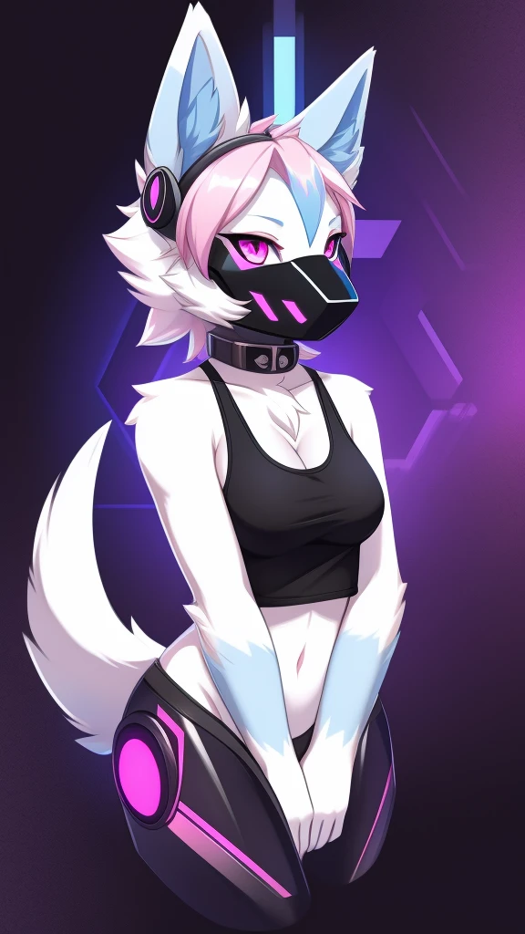 Furry protogen female anthropomorphic white fur pink eyes blue ears wearing a black tank top medium breast size profile picture 