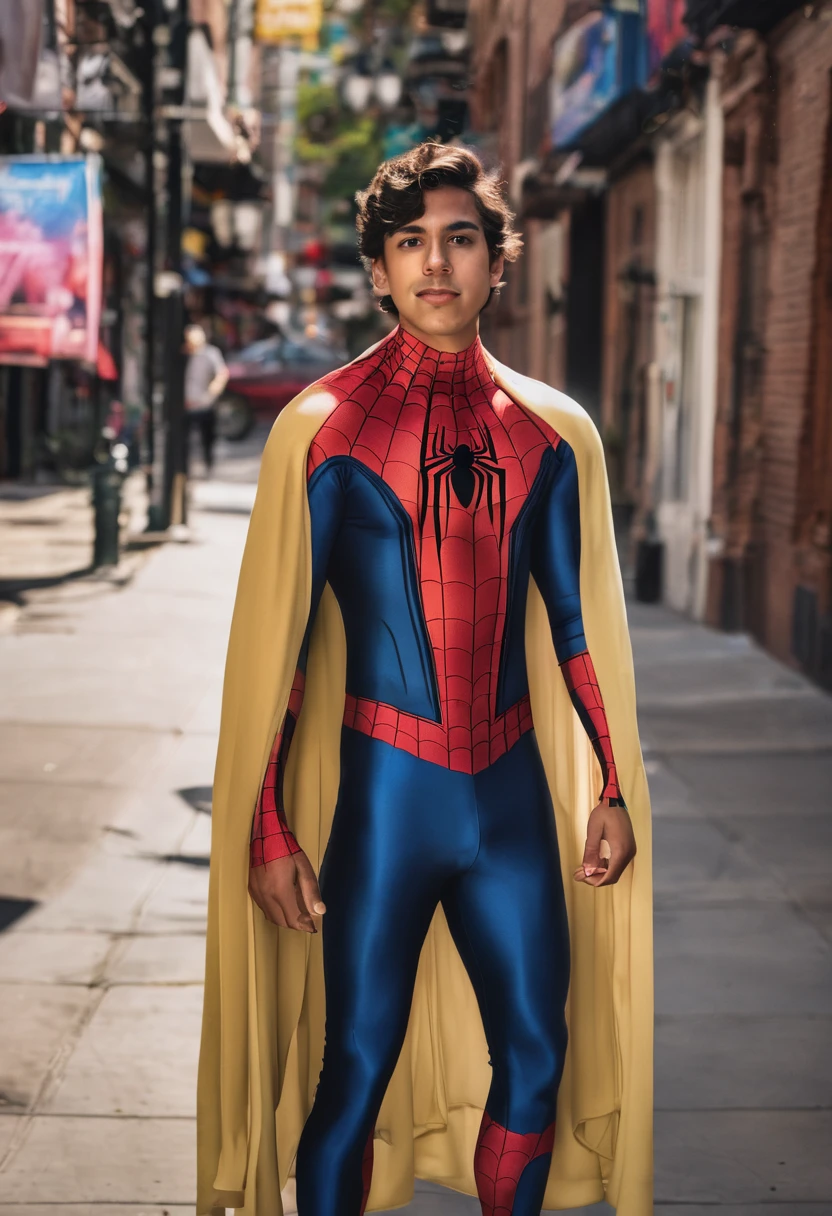 Young hispanic man with short wavy brown hair wearing a spiderman suit