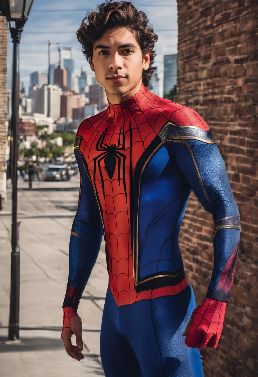 Young hispanic man with short wavy brown hair wearing a spiderman suit