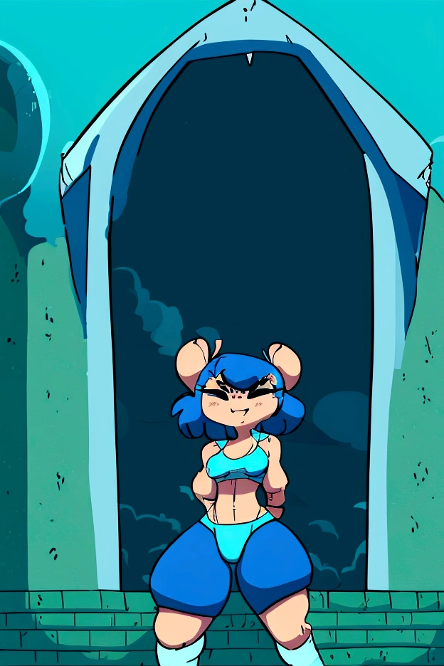 score_9, score_8_up, score_7_up, solo, 1girl, cute, blue hair, exposed midriff, mechanical joints, happy, outdoors, park, dynamic pose, cowboy shot, dynamic angle, looking at viewer, black eyes, crop top hoodie, panties, very chubby