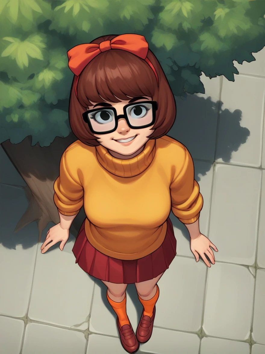 velma, 1 girl, short hair, black eyes, Black frame glasses, Brown hair, Alone, hair bow,tree,  parts, Orange socks, red shoes, score_9, score_8_above, score_7_above, score_6_above, score_5_above, score_4_above, SMILE, outdoor, looking at the viewer, hand on one&#39;s hip, BREAK (completely nude:1.2), (naked:1.2) surprised, clear and detailed face (embarrassed, panicking, upturned eyes, full-face blush, open mouth, parted lips:1.3) full body view, long distance shot, full body view, front shot, full body in scene, (masterpiece)), (super detailed), Top quality, high quality, High resolution, (Complete anatomy), Masterpiece of the best quality，4k，8k，high quality，high resolution,enjoy, (masterpiece)), (super detailed), Top quality, high quality, High resolution