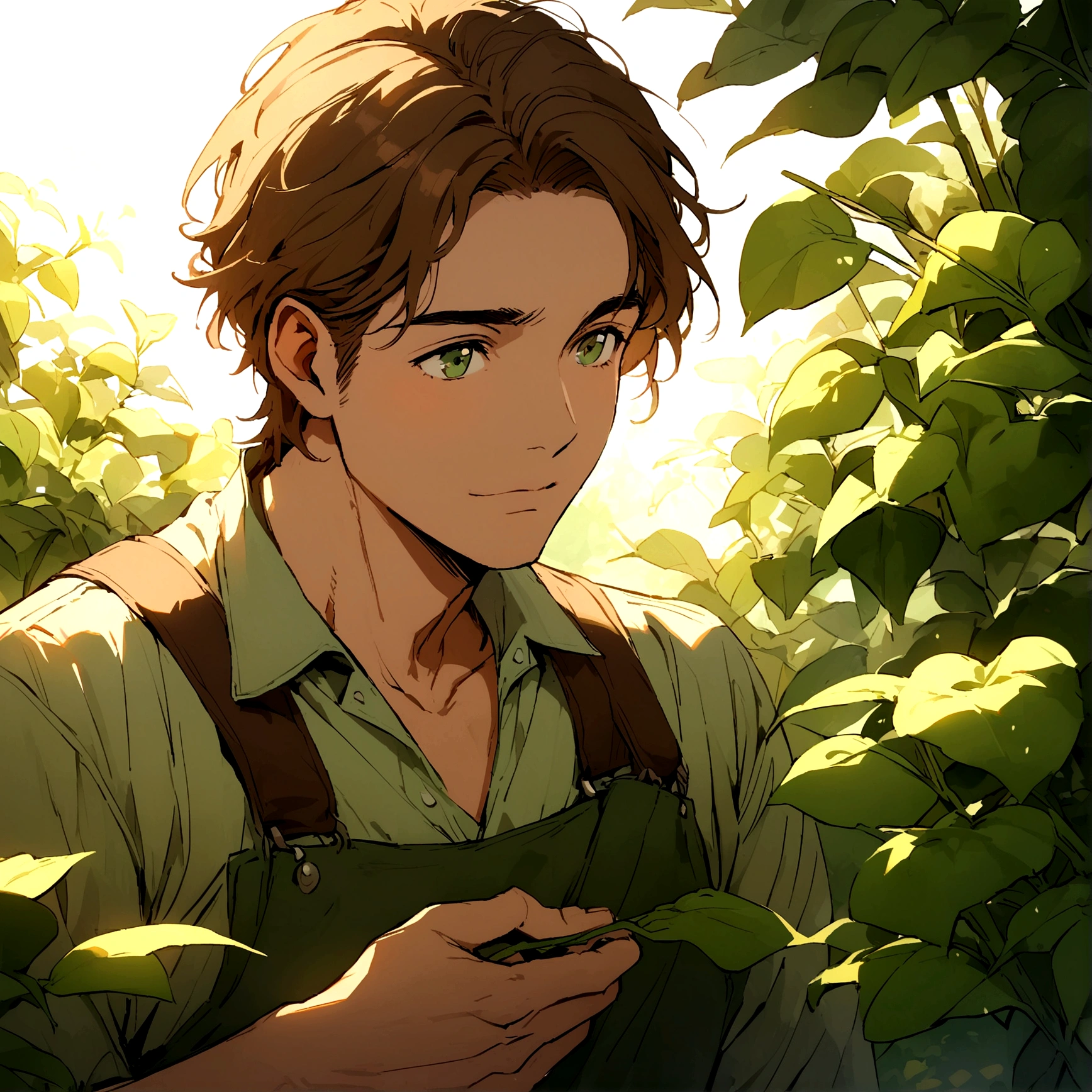 adult male gardener - brown hair - dark green eyes - in a garden