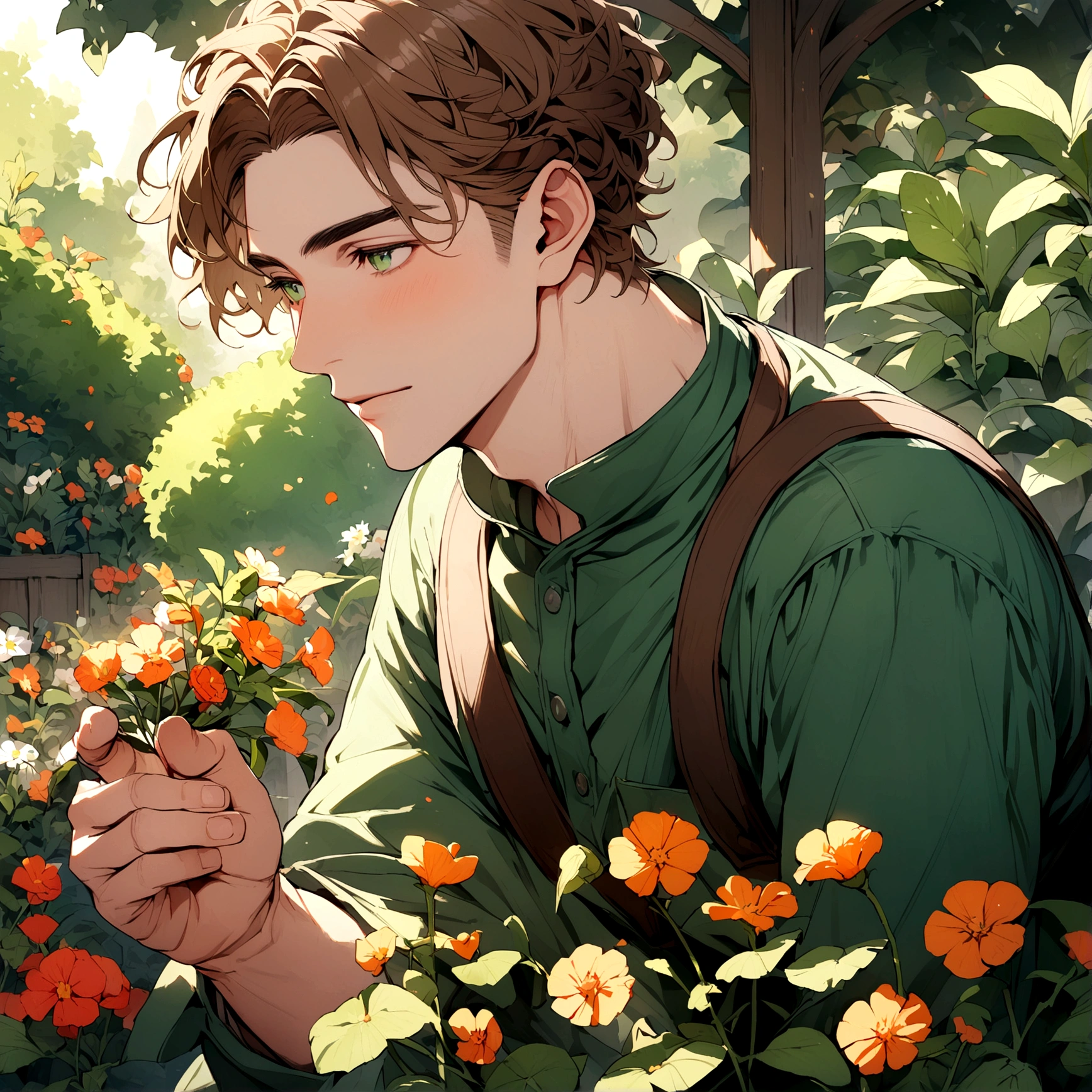 adult male gardener - brown hair - dark green eyes - in a garden