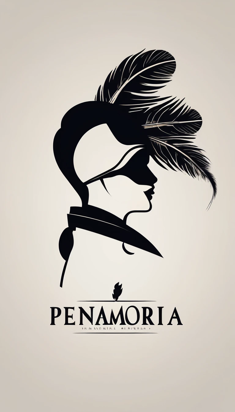 A minimal, modern, simple, cinematic logo design for the brand “Penamemoria". The logo design of a boy with a head of a feather playing acoustic guitar. The logo must convey a sense of music, stories and dreams. Minimalistic logo design of a boy dissolving into a feather of dreams and memories