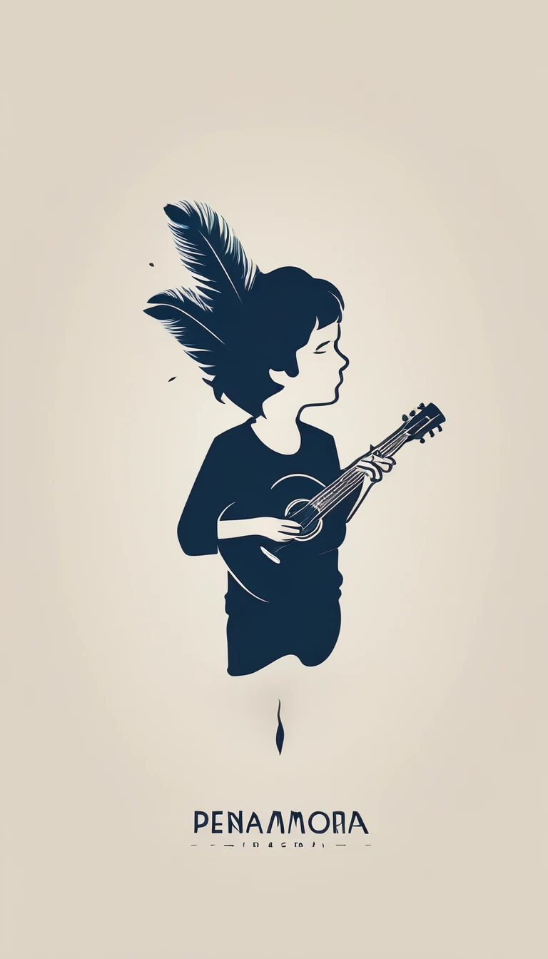 A minimal, modern, simple, cinematic logo design for the brand “Penamemoria". The logo design of a boy with a head of a feather playing acoustic guitar. The logo must convey a sense of music, stories and dreams. Minimalistic logo design of a boy dissolving into a feather of dreams and memories