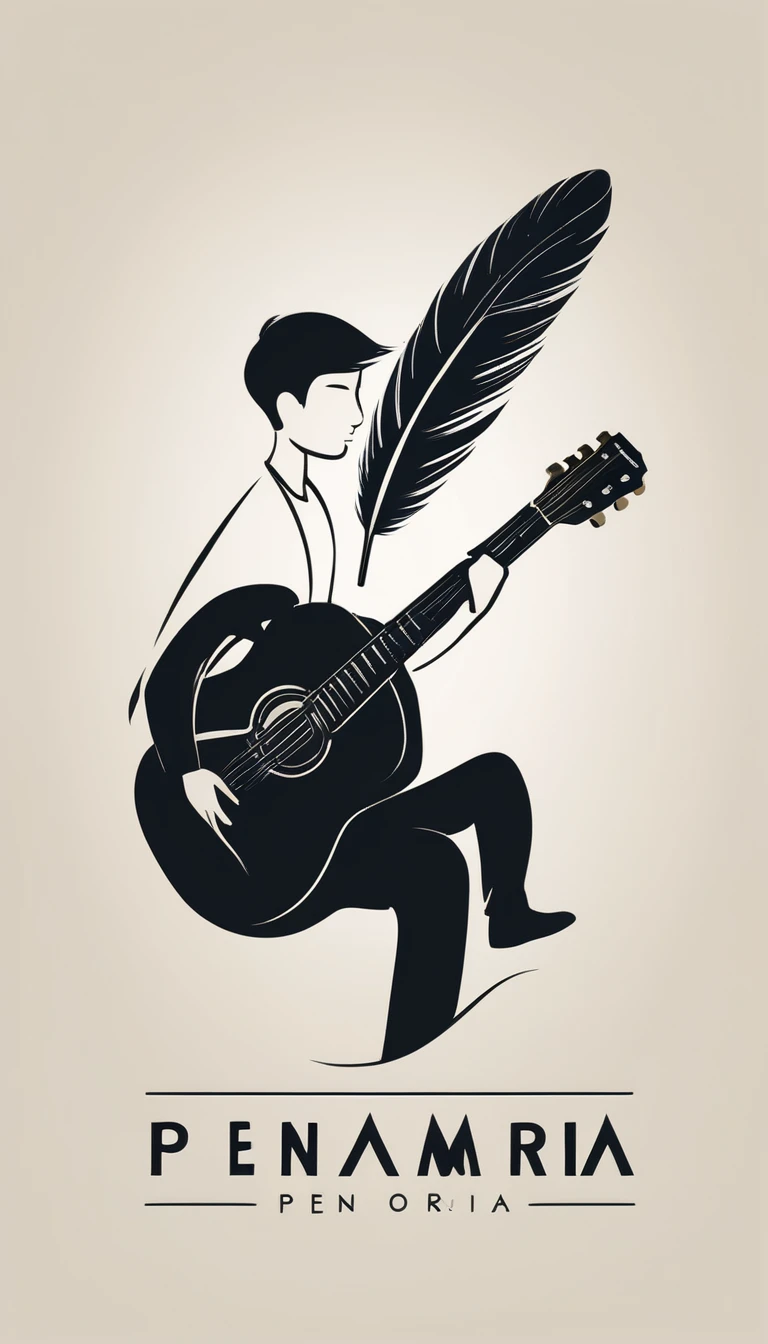 A minimal, modern, simple, cinematic logo design for the brand “Penamemoria". The logo design of a boy with a head of a feather playing acoustic guitar. The logo must convey a sense of music, stories and dreams. Minimalistic logo design of a boy dissolving into a feather of dreams and memories