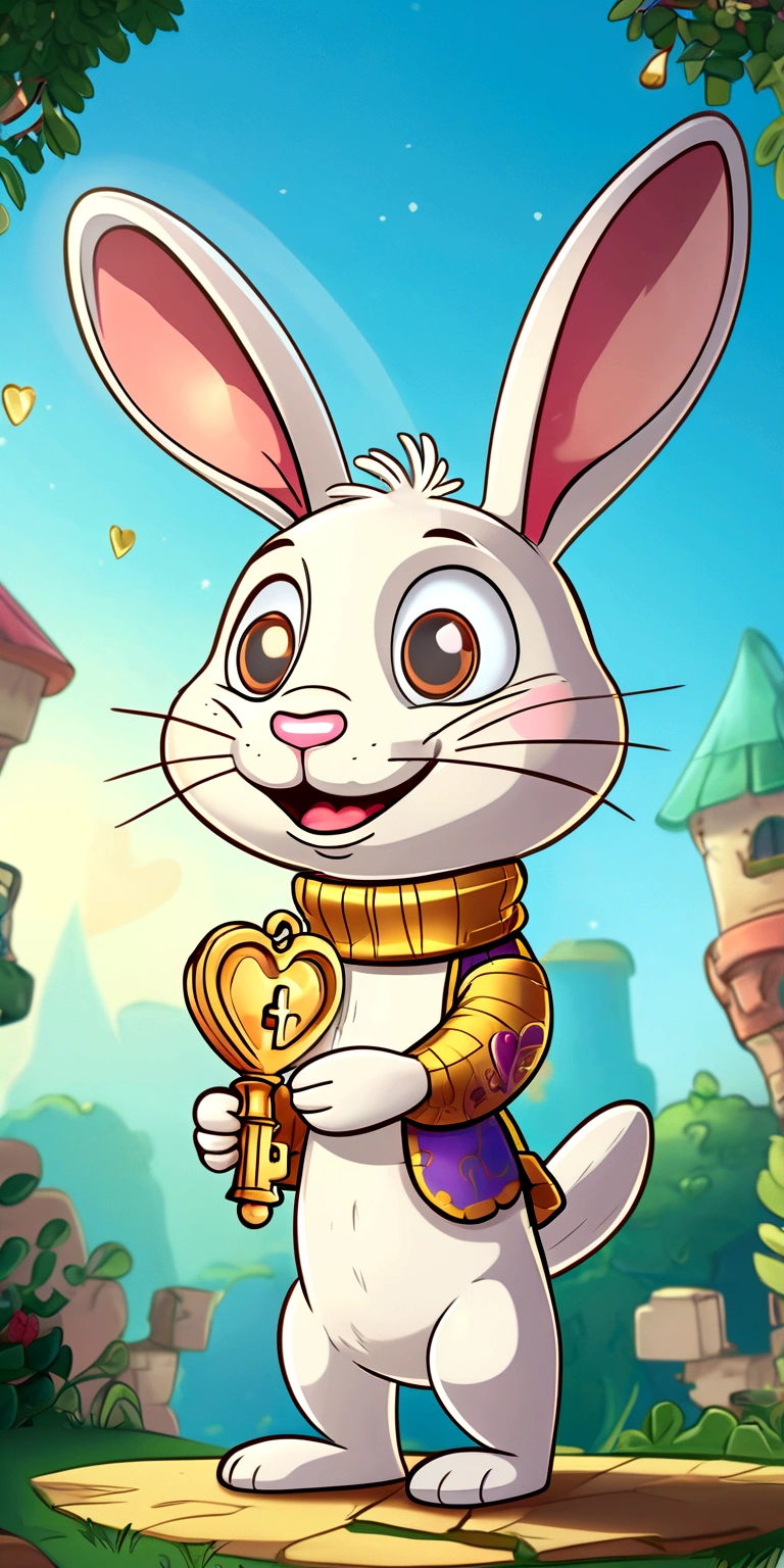 Benny the bunny holding a shiny, golden key with a heart-shaped charm.